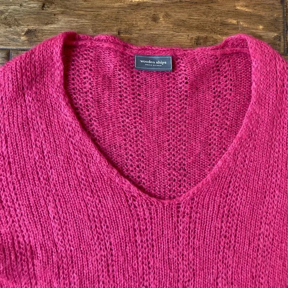 Wooden Ships S/M Sweater Pink V Neck Open Knit Mohair Wool Short Sleeve Cropped - Picture 2 of 7